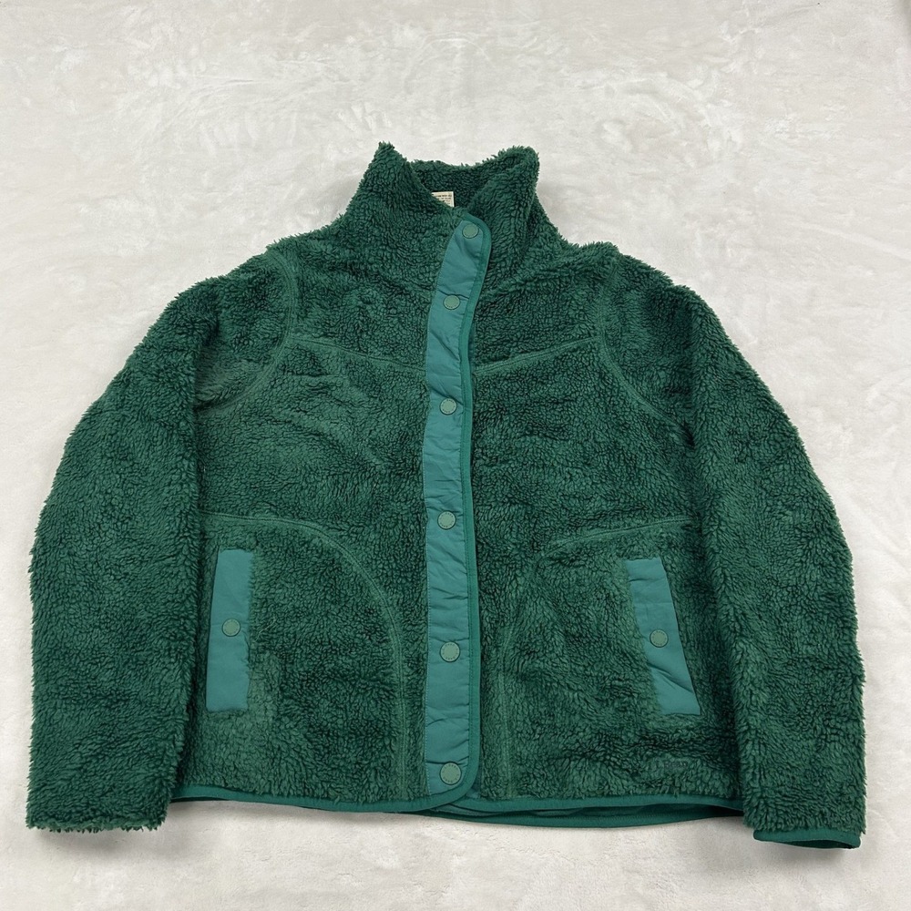 LL Bean Hi-Pile Fleece Jacket Women Medium Green Snap Front 515832
